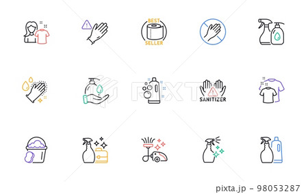 Cleaning liquids, Clean hands and Dont touch line icons for website, printing. Collection of Use gloves, Clean shirt, Toilet paper icons. Sponge, Cleanser spray, Washing hands web elements. Vector 98053287