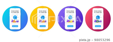 Minimal set of Checklist, Food donation and Employee benefits line icons. Phone, cellphone ui interface mockup. Difficult stress icons. For web development. Survey, Charity meal, Salary man. Vector 98053296