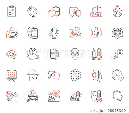 Medical icons set. Included icon as Coronavirus injections, Fever and Coronavirus web elements. Сonjunctivitis eye, Electronic thermometer, Medical mask icons. Wash hands. Vector Medical icons set. Included icon as Coronavirus injections, Fever and Coronavirus web elements. Сonjunctivitis eye, Electronic thermometer, Medical mask icons. Wash hands. Vector 98053300