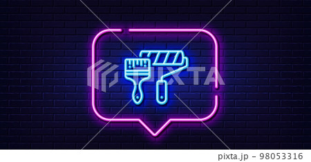 Neon light speech bubble. Paint roller line icon. Wall roll brush sign. Painter tool symbol. Neon light background. Paint roller glow line. Brick wall banner. Vector Neon light speech bubble. Paint roller line icon. Wall roll brush sign. Painter tool symbol. Neon light background. Paint roller glow line. Brick wall banner. Vector 98053316