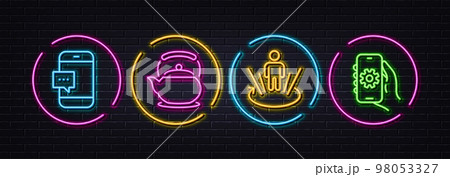 Smartphone message, Teapot and Augmented reality minimal line icons. Neon laser 3d lights. App settings icons. For web, application, printing. Cellphone chat, Tea kettle, Virtual reality. Vector 98053327