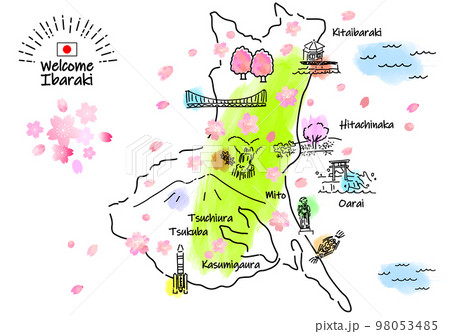 春の茨城県の観光地のシンプル線画イラストマップ 98053485