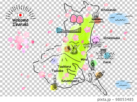 春の茨城県の観光地のシンプル線画イラストマップ 98053485