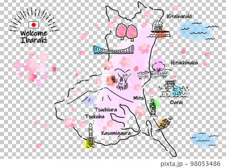 春季茨城縣旅遊景點的簡單線描插圖地圖（粉紅色） 98053486