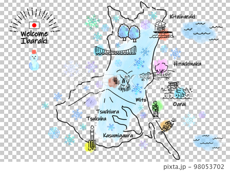 Simple line drawing illustration map of sightseeing spots in Ibaraki Prefecture in winter 98053702