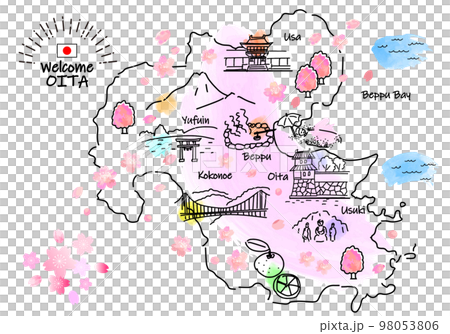 春季大分縣旅遊景點簡筆劃插圖圖(粉色) 春季大分縣旅遊景點簡筆劃插圖圖(粉色) 98053806