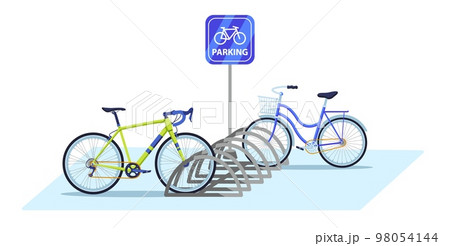 Bicycle parking area. Public bike rack with parking sign and parked bicycles. Ecologic city transport vector illustration 98054144