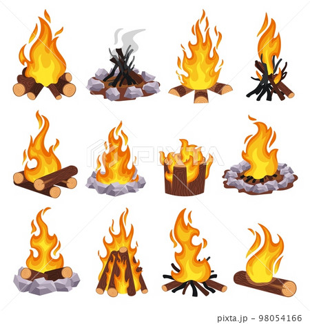 Cartoon campfire. Wood bonfire, burning log and fieldstone fire pit. Stacking firewood types and extinguished fire vector illustration set 98054166