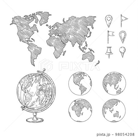 Sketch globe maps. Hand drawn earth lands, doodle world map with continents and oceans. Geography vector illustration set Sketch globe maps. Hand drawn earth lands, doodle world map with continents and oceans. Geography vector illustration set 98054208