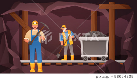 Miners in coal cave. Mine worker digging tunnel, rail trolley with ore and miner with pickaxe vector Illustration Miners in coal cave. Mine worker digging tunnel, rail trolley with ore and miner with pickaxe vector Illustration 98054209