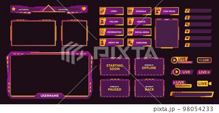 Gaming stream overlay. Futuristic UI graphic frames for game screen, neon color camera border and live chat template. Follow and donate buttons vector set 98054233