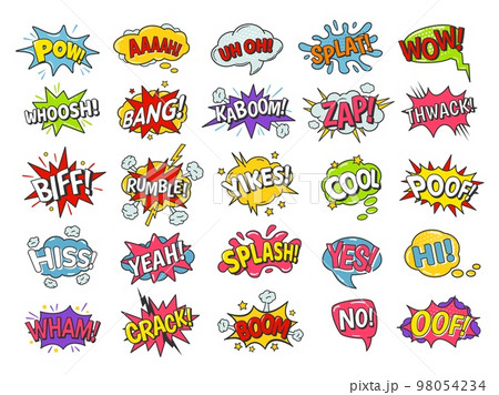 Comic book bubbles. Cartoon speech balloons with boom bang explosion, splash and poof, rumble and wham effects. Funny text vector set Comic book bubbles. Cartoon speech balloons with boom bang explosion, splash and poof, rumble and wham effects. Funny text vector set 98054234