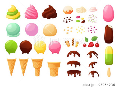 Create your own ice cream. Sundae constructor with different flavours, waffle cone, chocolate topping, sprinkles and berries vector set Create your own ice cream. Sundae constructor with different flavours, waffle cone, chocolate topping, sprinkles and berries vector set 98054236