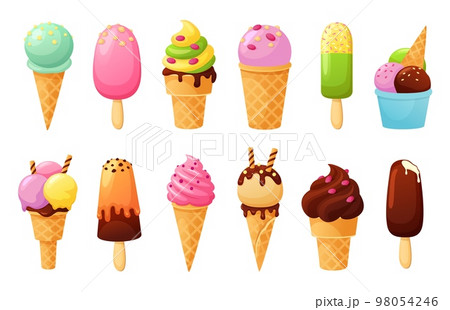 Cartoon ice cream. Tasty fruit ice, sweet summer sundaes in cone and cold delicious gelato vector illustration set Cartoon ice cream. Tasty fruit ice, sweet summer sundaes in cone and cold delicious gelato vector illustration set 98054246