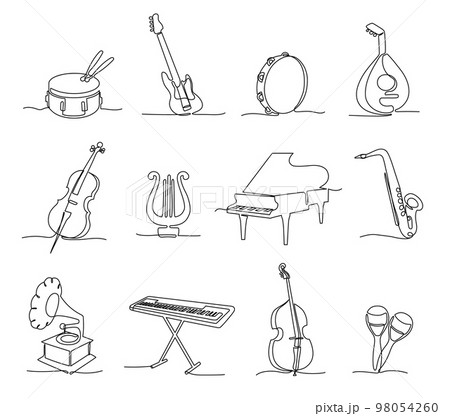 One continuous line musical instruments. Instrumental music, different concert sounds icons hand drawn vector illustration set 98054260