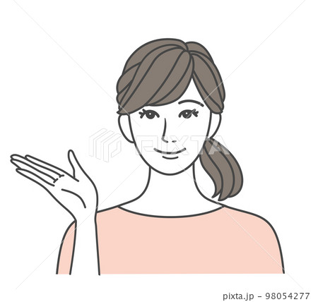 笑顔で案内する女性 ピンク 98054277