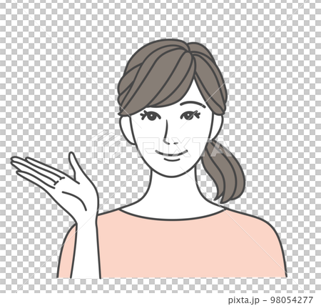 笑顔で案内する女性 ピンク 98054277