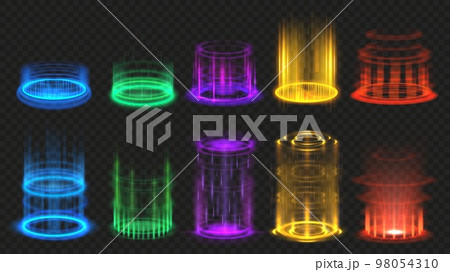 Magic portals. Aura glow effect, vertical teleport portal beam and futuristic light vector illustration set 98054310