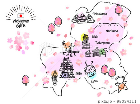 春の岐阜県の観光地のシンプル線画イラストマップ 98054311