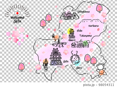 春の岐阜県の観光地のシンプル線画イラストマップ 98054311
