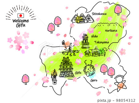 春の岐阜県の観光地のシンプル線画イラストマップ 98054312