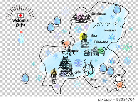 冬の岐阜県の観光地のシンプル線画イラストマップ 98054704