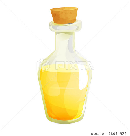 Vinegar in glass bottle with cork in cartoon style isolated on white background. Apple, wine liquid, dressing. 98054925