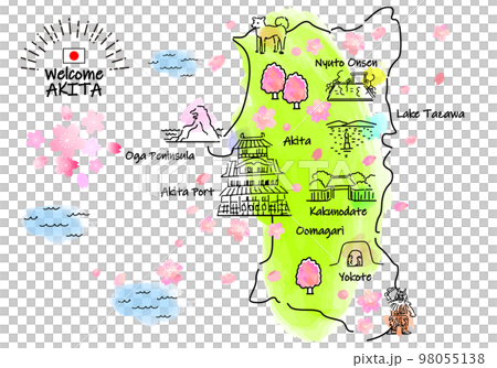 Simple line drawing illustration map of tourist spots in Akita Prefecture in spring 98055138