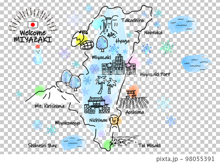 宮崎縣冬季觀光景點簡筆劃插畫圖 98055391