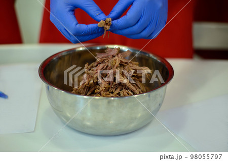 boiled meat in small pieces in a plate 98055797