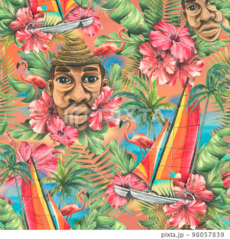 A tropical seamless pattern with a sailboat, flowers, palm leaves, pink flamingos and a Latin man. Watercolor illustration, bright, juicy, summer, beach from the CUBA collection. For fabric, textiles 98057839