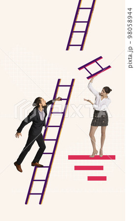 Contemporary art collage. Conceptual design. Man climbing upwards the stairs symbolizing competitive, hard way to professional growth 98058944