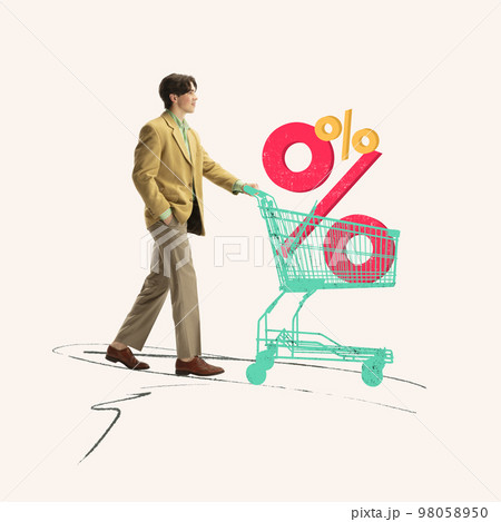 Contemporary art collage. Conceptual design. Man with shopping trolley and percentage sign inside. Online shopping. Sales Contemporary art collage. Conceptual design. Man with shopping trolley and percentage sign inside. Online shopping. Sales 98058950