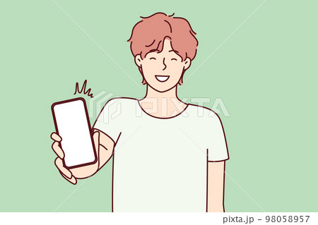 Happy man showing smartphone screen and smiling to recommend cool applications. Vector image 98058957