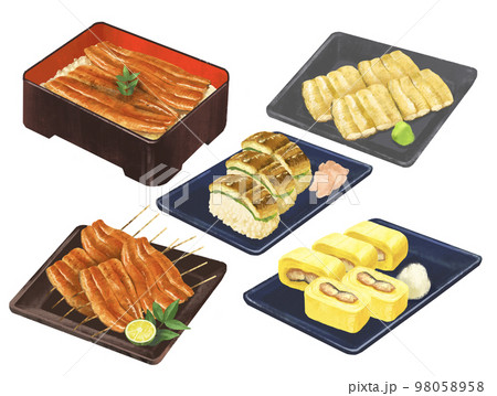 鰻料理のイラストセット　うなぎ　鰻重　蒲焼　白焼き　う巻き　棒寿司 98058958