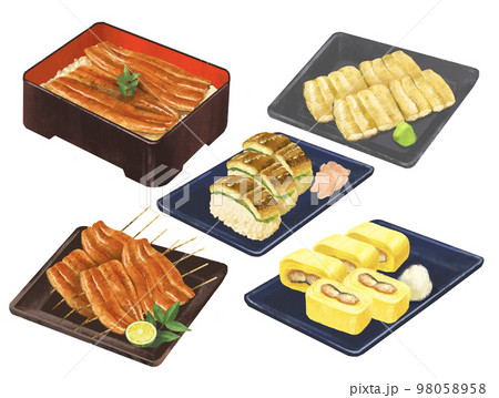 鰻料理のイラストセット うなぎ 鰻重 蒲焼 白焼き う巻き 棒寿司 鰻料理のイラストセット うなぎ 鰻重 蒲焼 白焼き う巻き 棒寿司 98058958