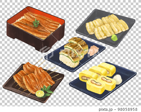 鰻料理のイラストセット　うなぎ　鰻重　蒲焼　白焼き　う巻き　棒寿司 98058958