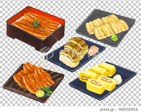 鰻料理のイラストセット うなぎ 鰻重 蒲焼 白焼き う巻き 棒寿司 鰻料理のイラストセット うなぎ 鰻重 蒲焼 白焼き う巻き 棒寿司 98058958