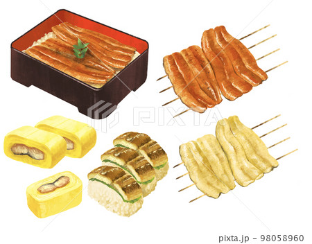 鰻料理のイラストセット　うなぎ　鰻重　蒲焼　白焼き　う巻き　棒寿司 98058960