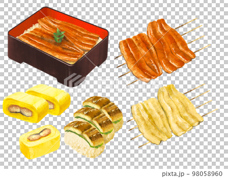 鰻料理のイラストセット　うなぎ　鰻重　蒲焼　白焼き　う巻き　棒寿司 98058960