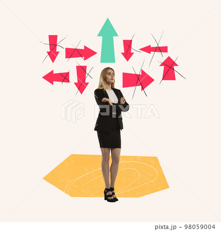 Contemporary art collage. Conceptual design. Business woman choosing correct working strategy among various possibilities 98059004