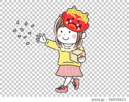 節分で豆まきをする、鬼のお面をかぶった、女の子のイラスト 98059823