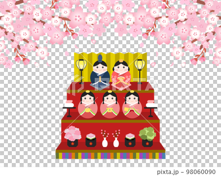 Illustration material: A set of cute three-tiered Hina dolls and cherry blossoms 98060090