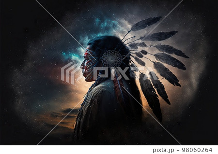 Low angle back view of American Indian man and dream catcher in night sky with nebula 98060264