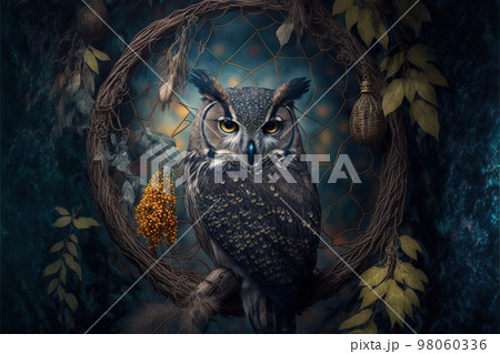 Closeup of hanging dream catcher and owl in mystical tree foliage Closeup of hanging dream catcher and owl in mystical tree foliage 98060336