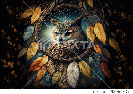 Closeup of hanging dream catcher and owl in mystical tree foliage 98060337