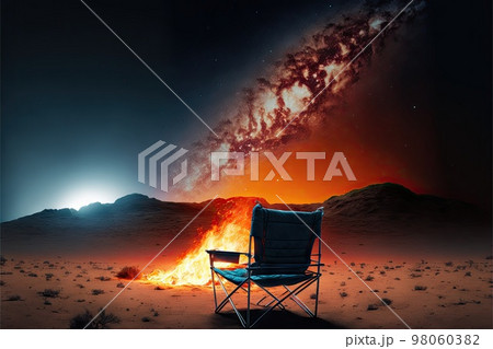 Back view of camp chair near campfire on Mars with nebula in night sky Back view of camp chair near campfire on Mars with nebula in night sky 98060382