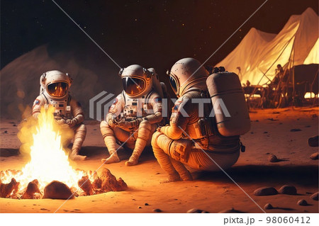 Astronauts in spacesuits sitting around campfire on Mars Astronauts in spacesuits sitting around campfire on Mars 98060412