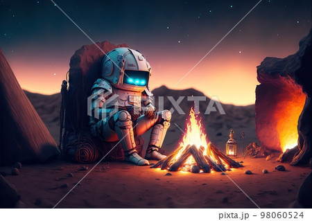 Martian sitting near campfire near tent on Mars Martian sitting near campfire near tent on Mars 98060524