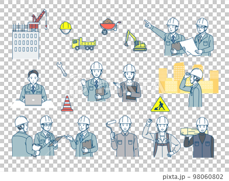 建設業　建設現場で働く人たち　建築　土木　大工　現場監督　イラスト 98060802